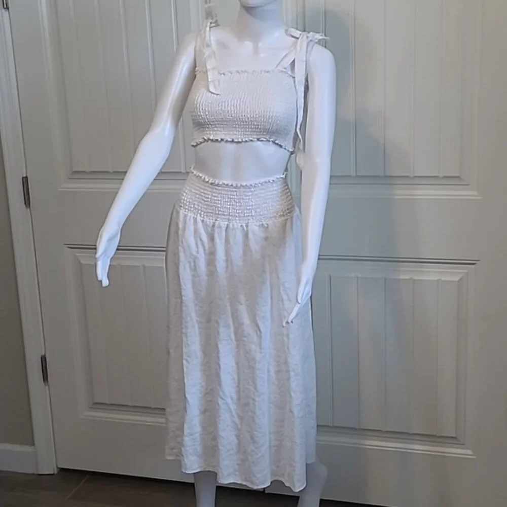 Reformation Willow Linen Two Piece Set Midi Length Skirt & Crop Top Size Small